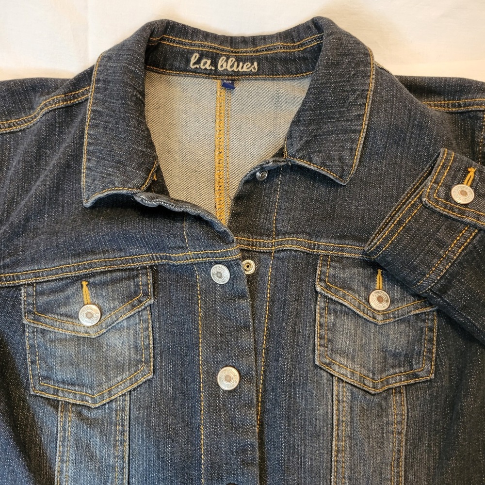 L.A. Blues Womens Denim Jacket‎ XL Peplum Stretch Denim Blue Distressed
